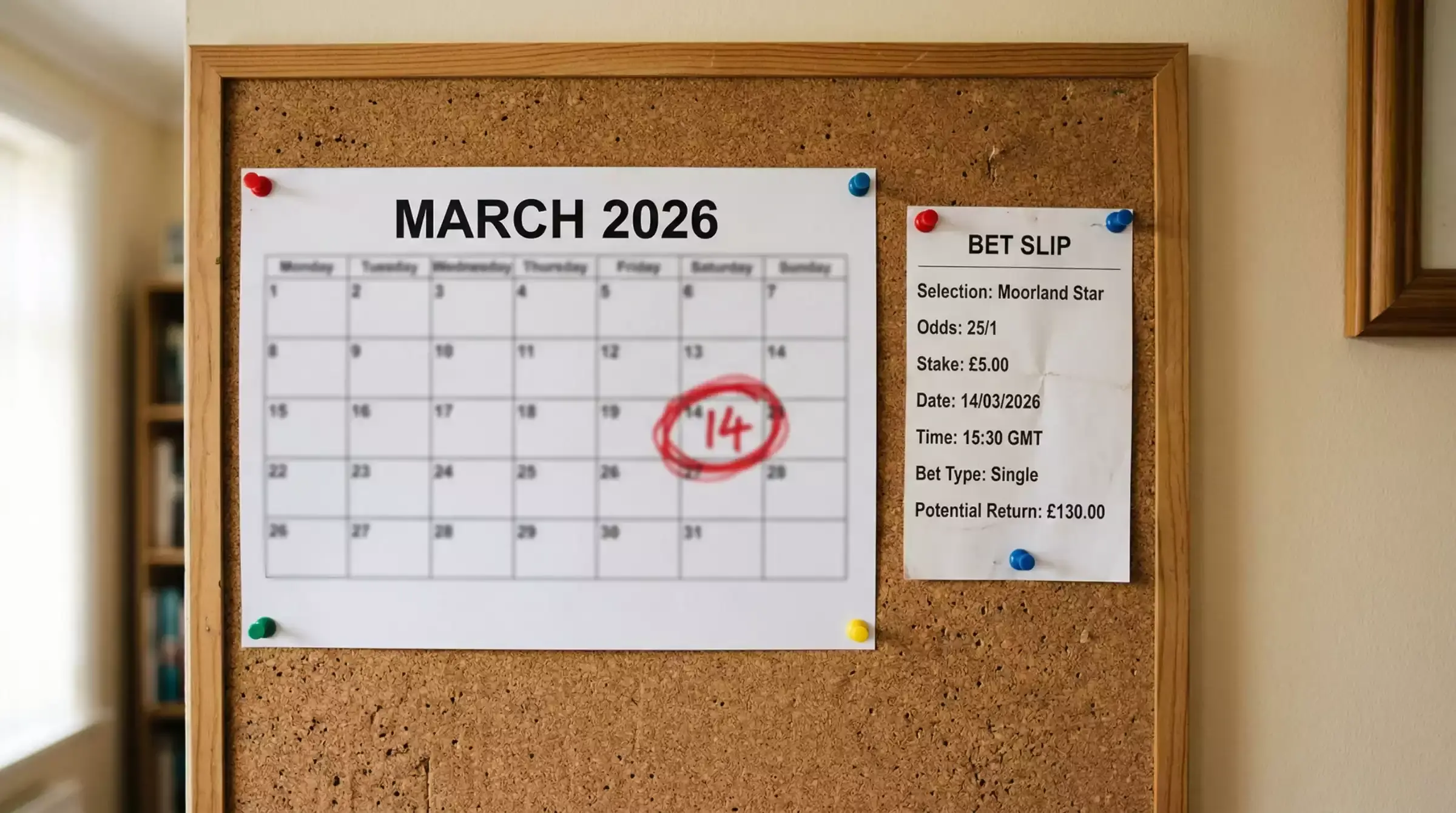 Calendar showing an ante-post horse racing bet placed weeks before the Cheltenham Festival