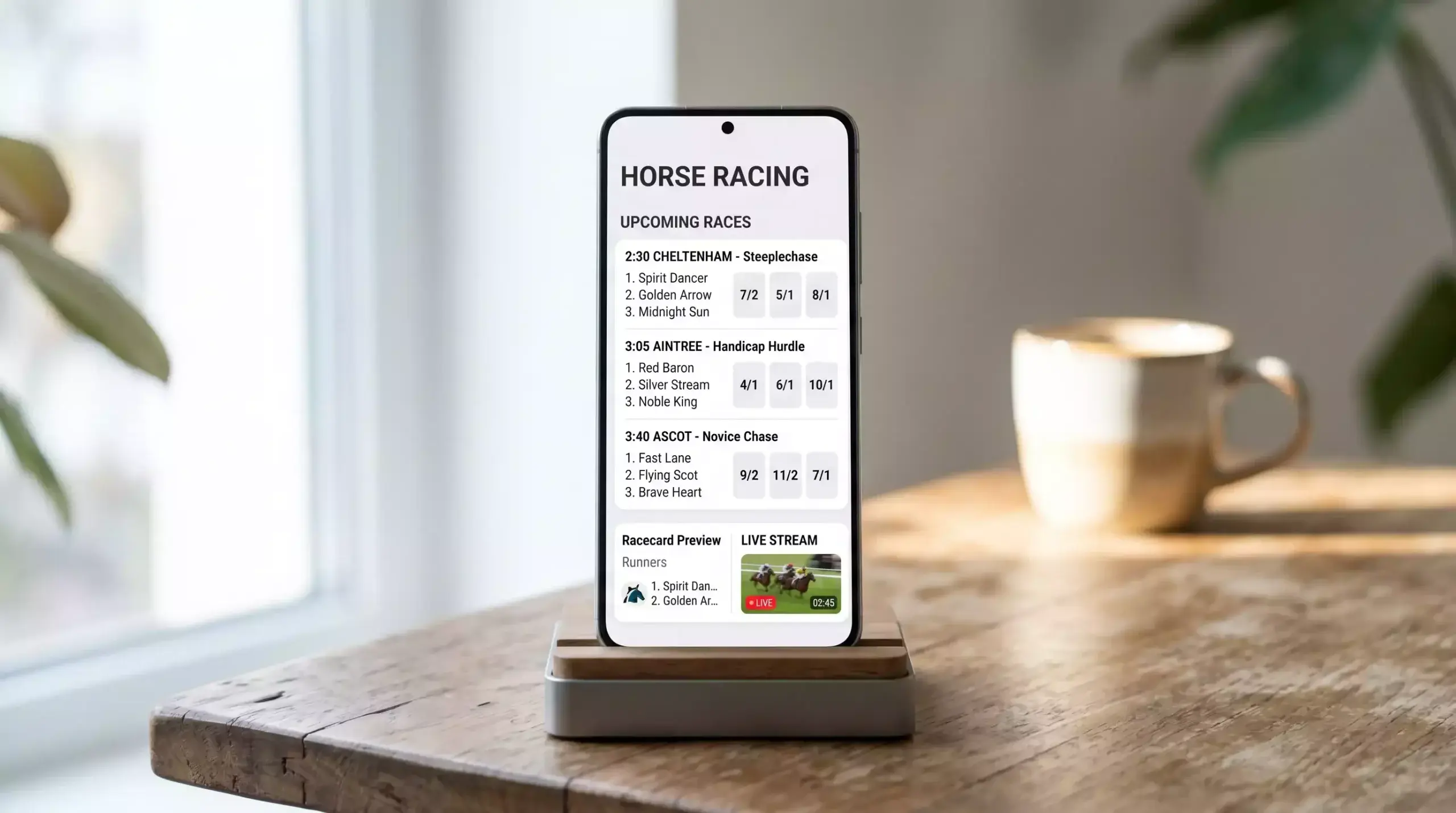 Smartphone showing a horse racing betting app with odds, racecard, and live streaming features