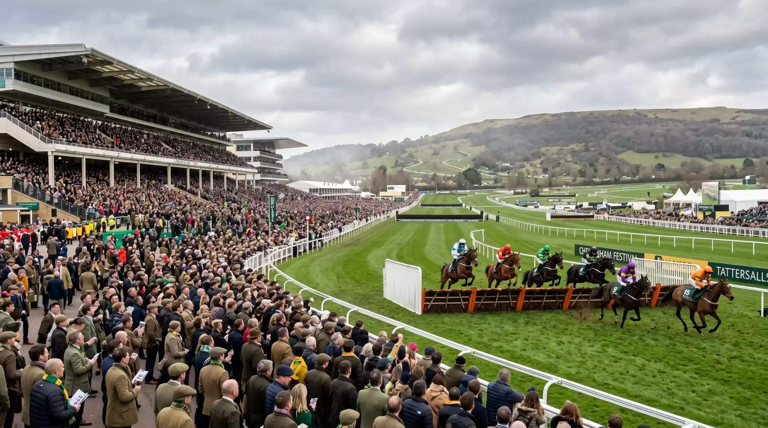 Cheltenham Festival racecourse packed with spectators during a championship hurdle race