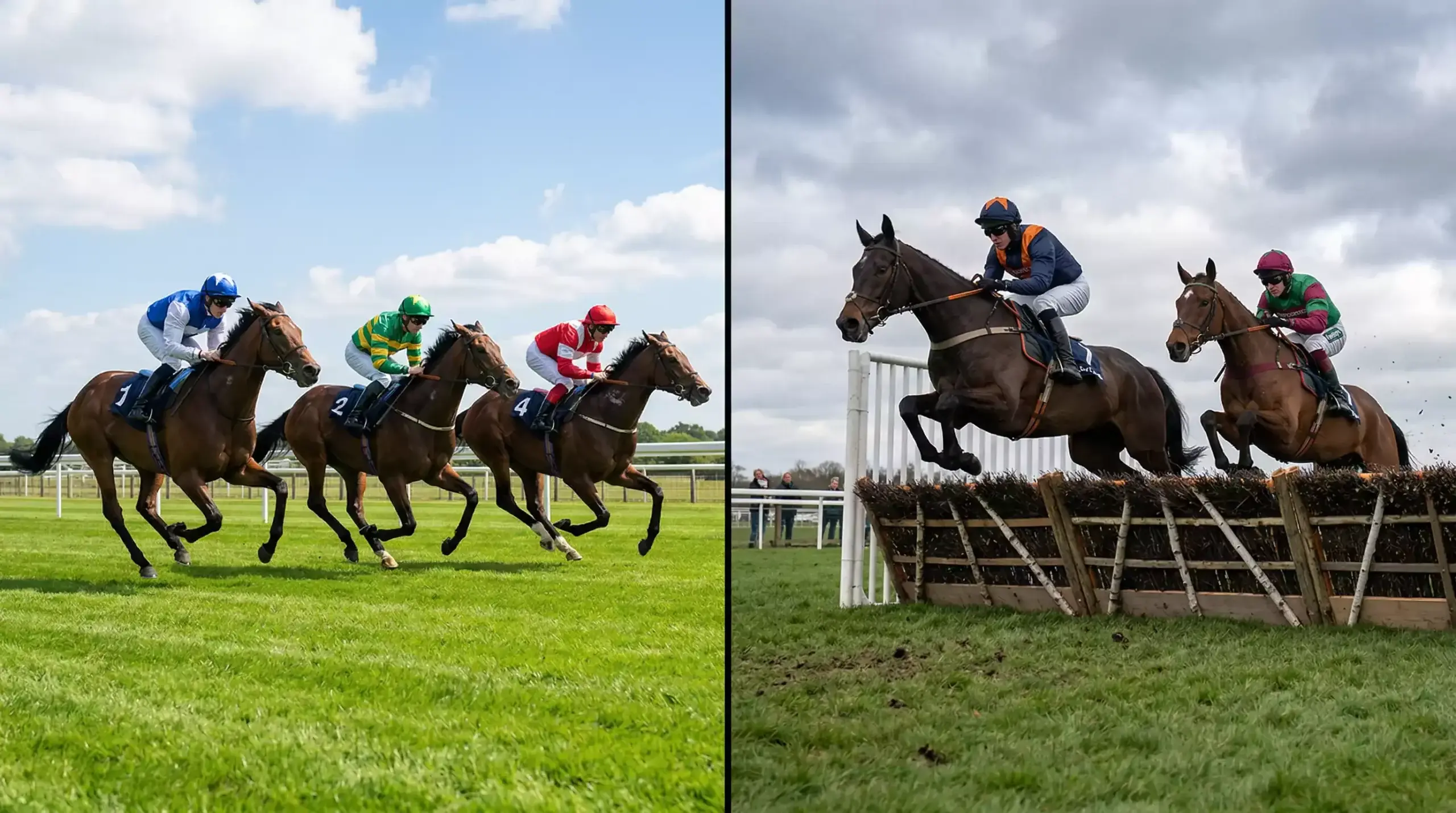 Split image comparing flat racing on turf with a National Hunt steeplechase over fences