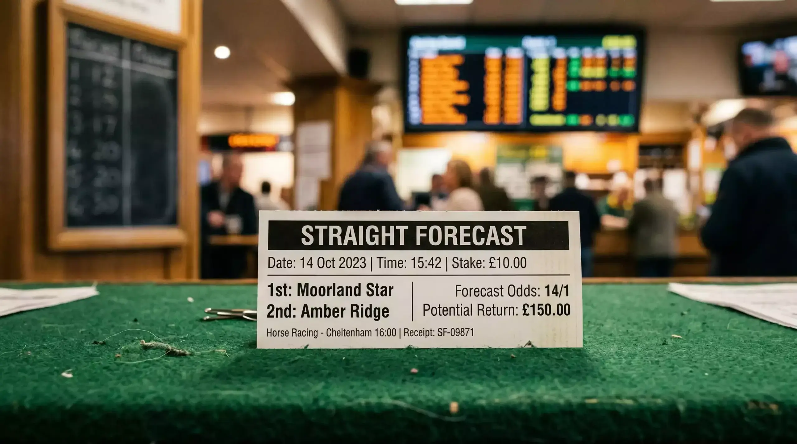 Betslip displaying a straight forecast bet predicting first and second in a UK horse race