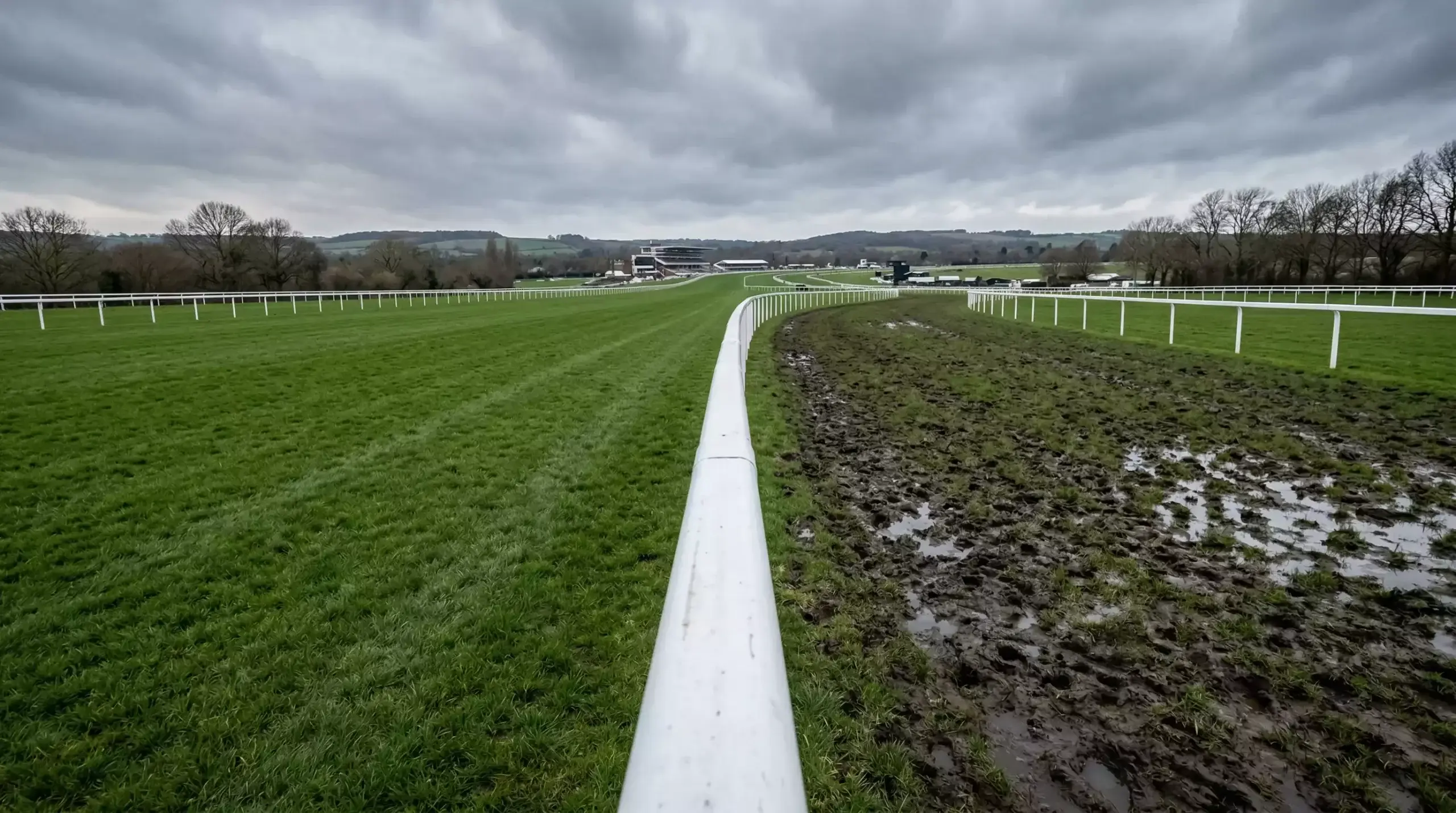 UK racecourse showing contrasting ground conditions from firm turf to heavy waterlogged going