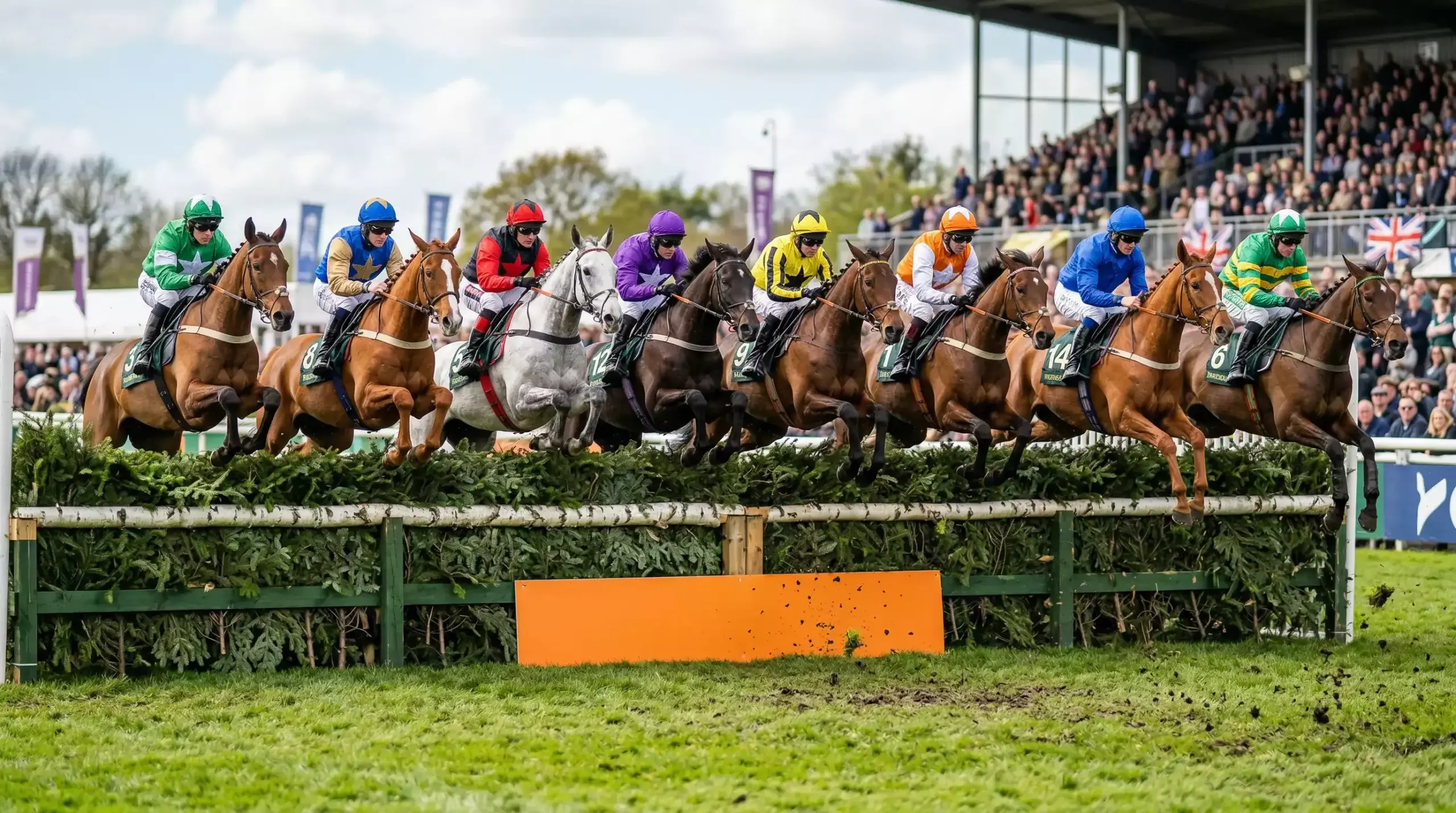 Horses clearing the famous Aintree fences during the Grand National steeplechase