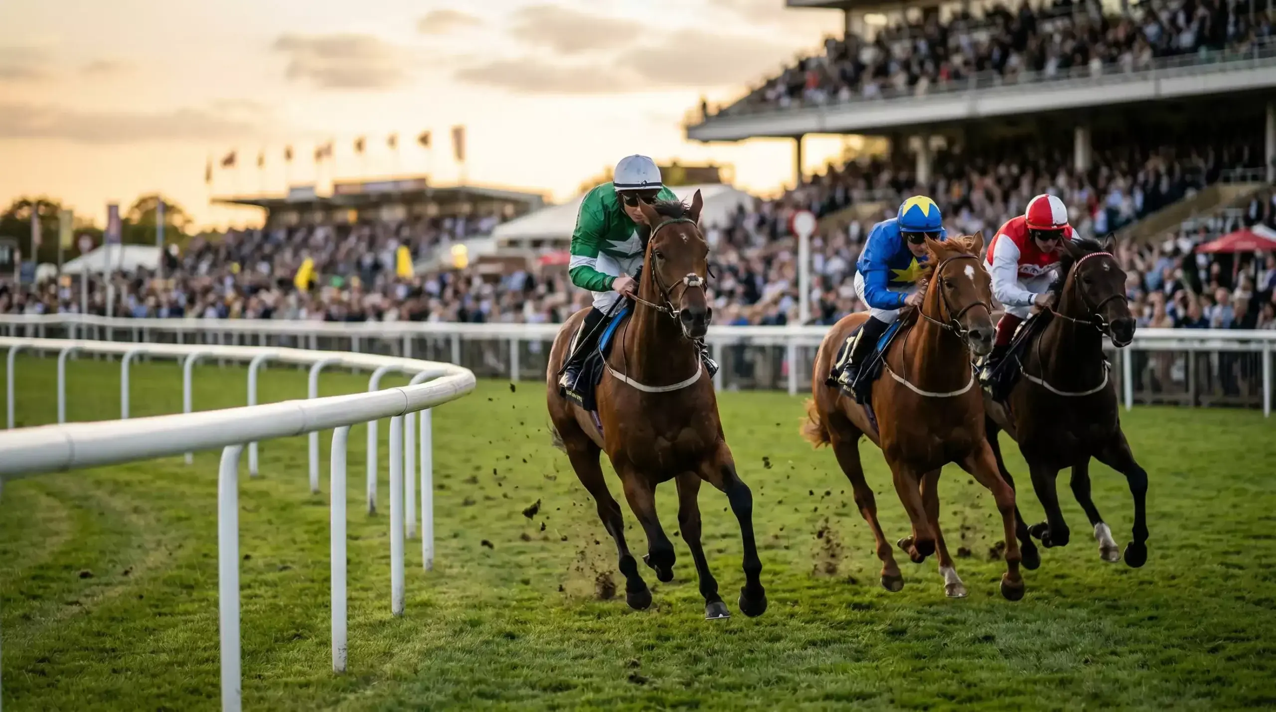 Thoroughbred horses racing on a British racecourse with grandstand crowd in soft afternoon light