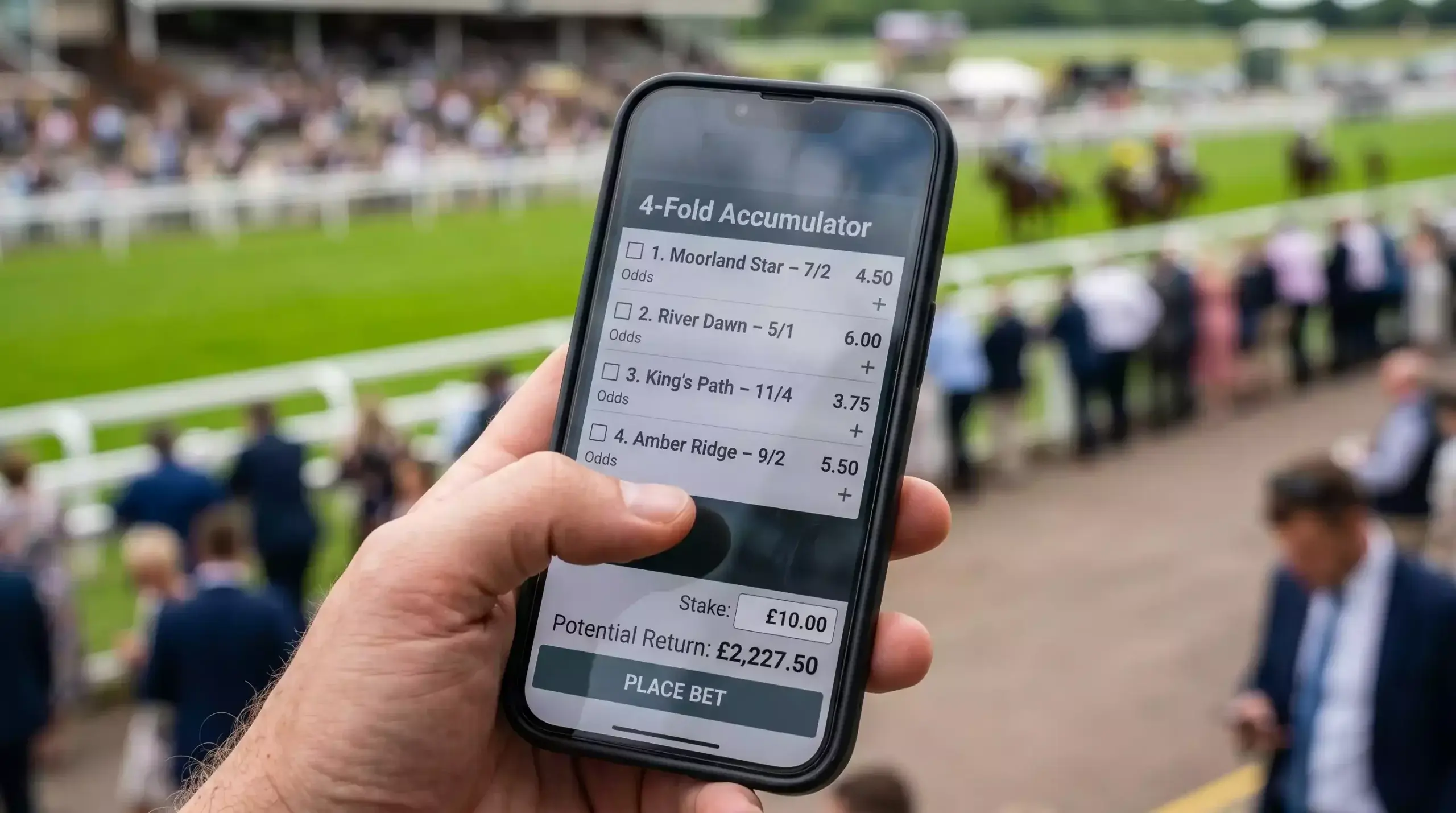 Betslip showing a four-fold horse racing accumulator with multiplied odds