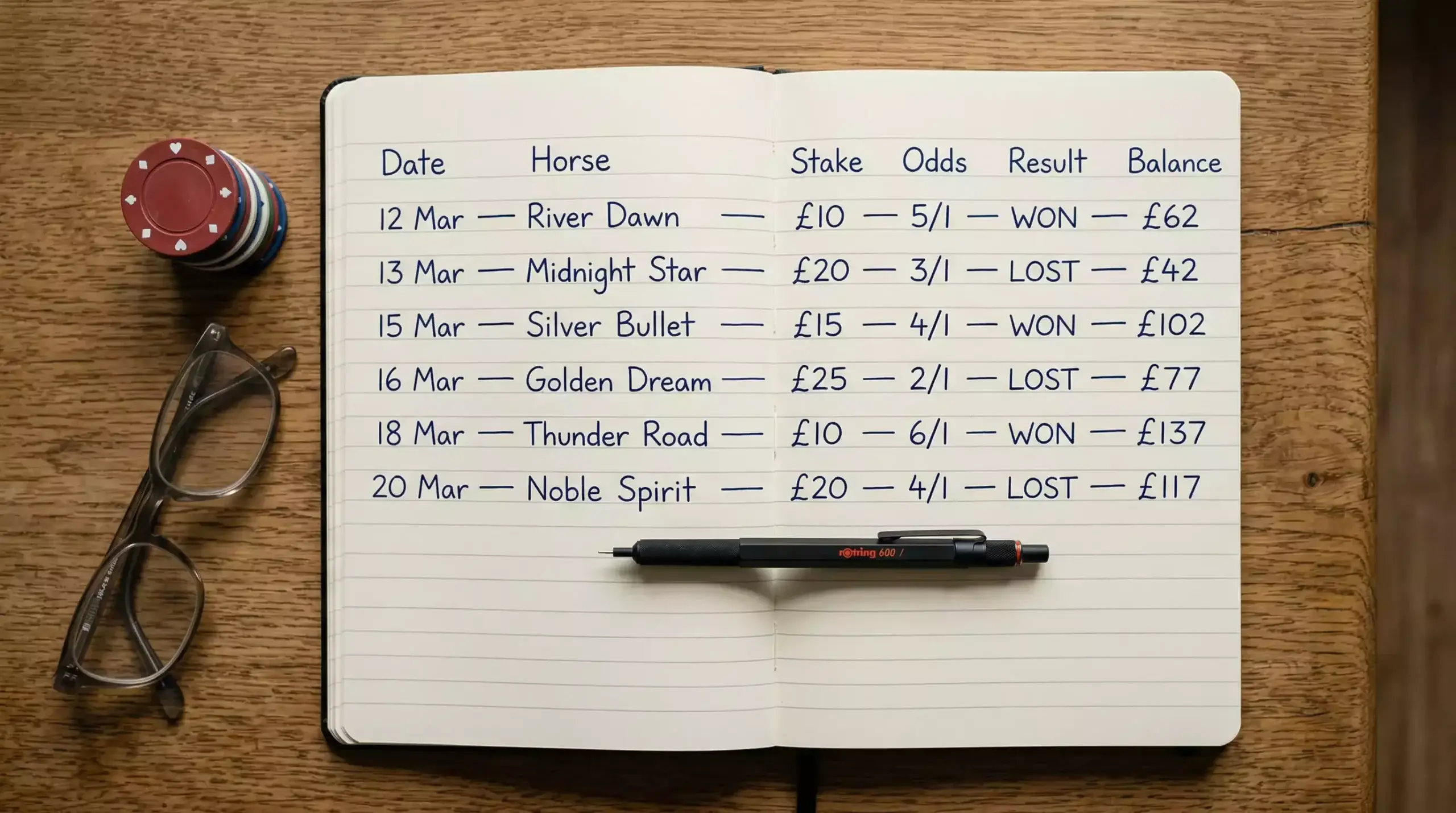 Notebook with bankroll tracking figures and a staking plan for horse racing betting