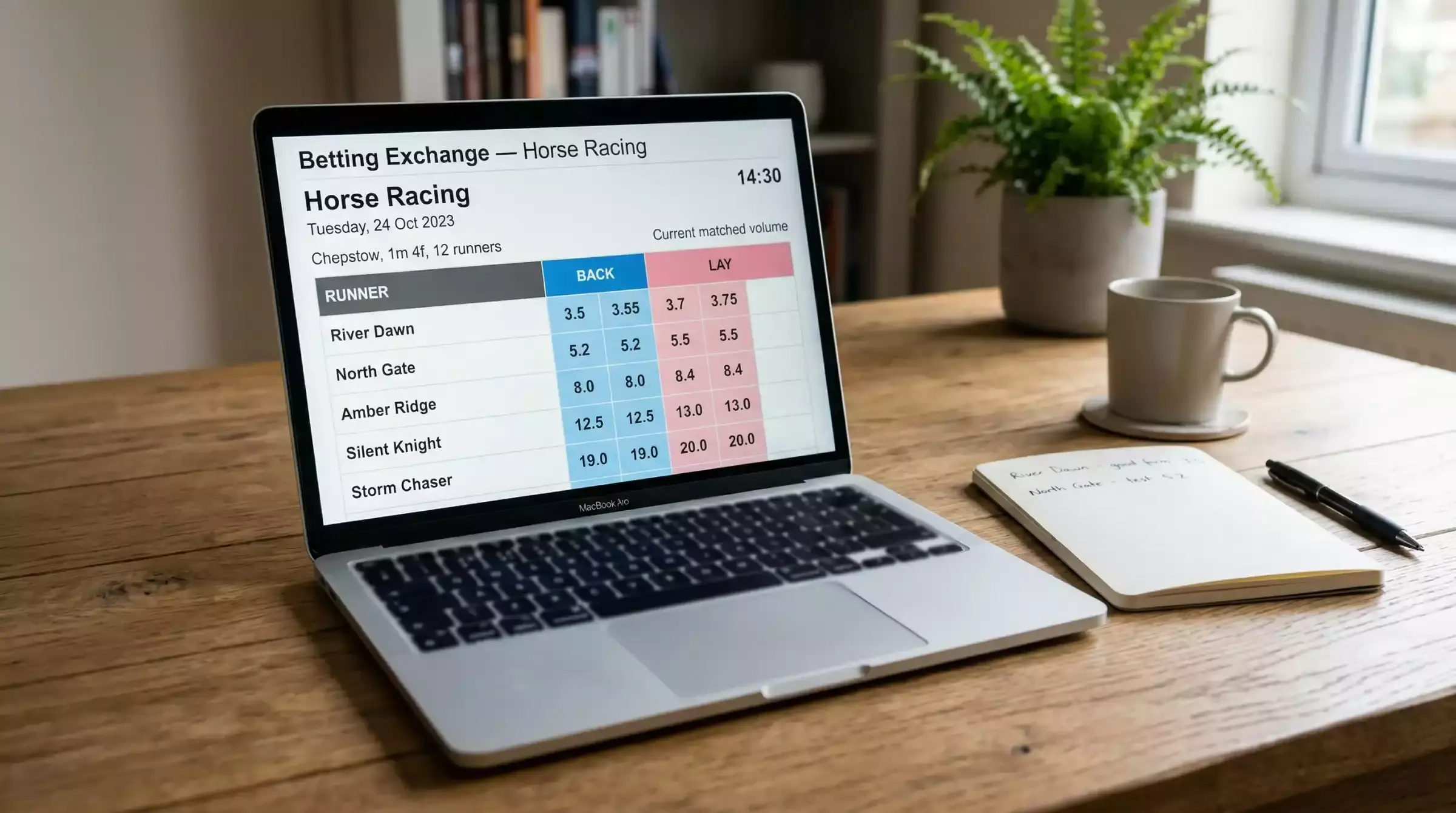 Betting exchange screen showing back and lay odds for a UK horse race