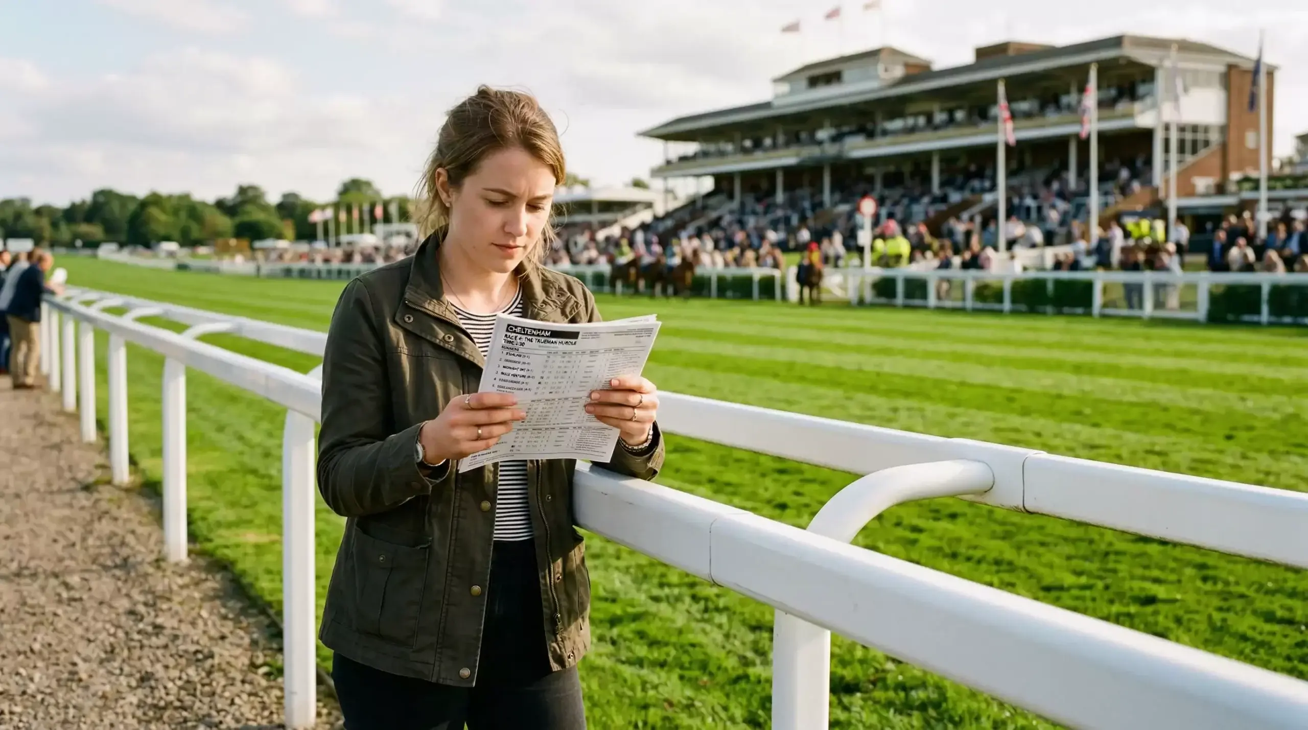 Beginner punter studying a racecard before placing a first horse racing bet in the UK