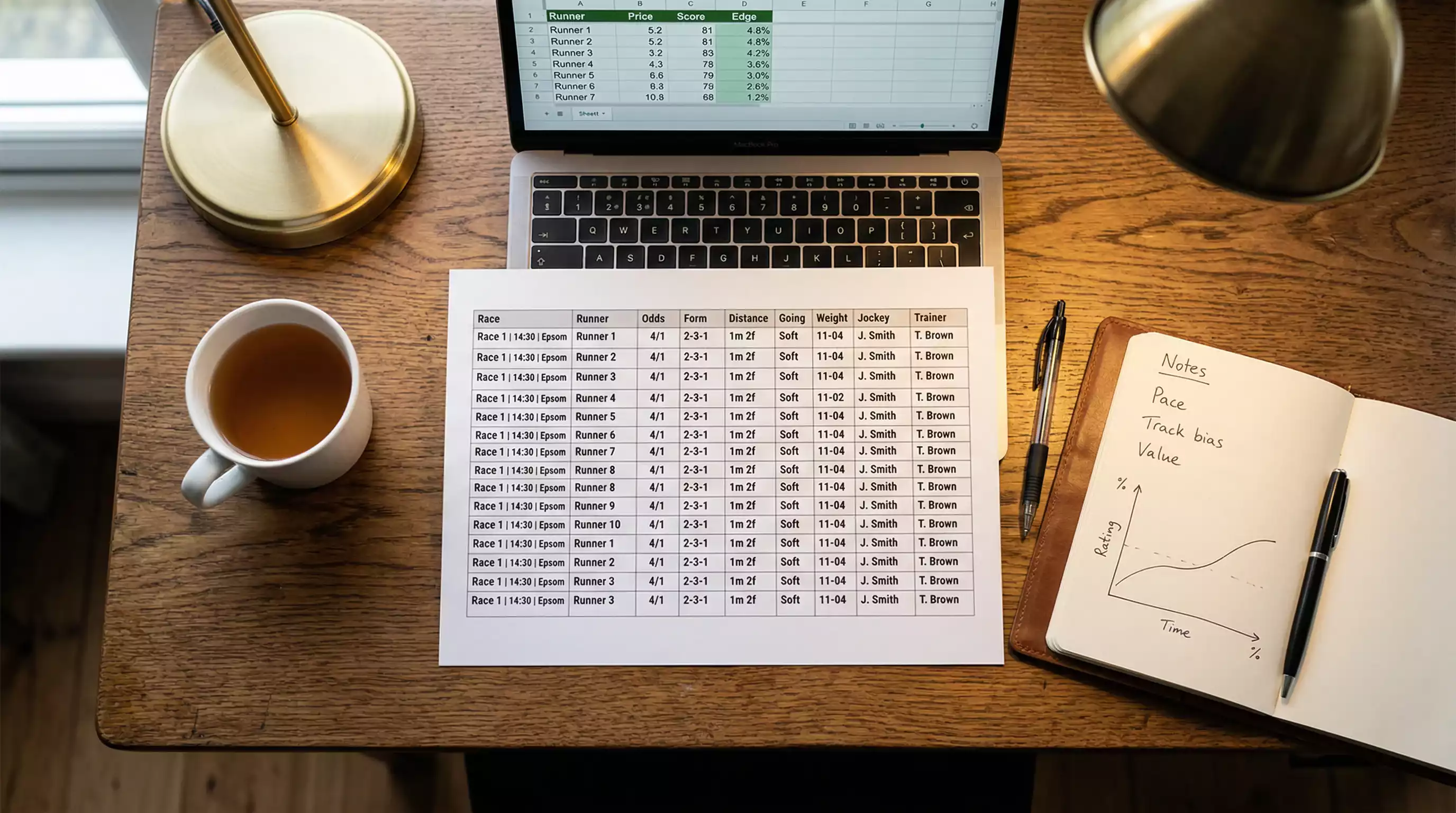 Analyst reviewing horse racing form data and racecard notes spread across a desk with a notebook