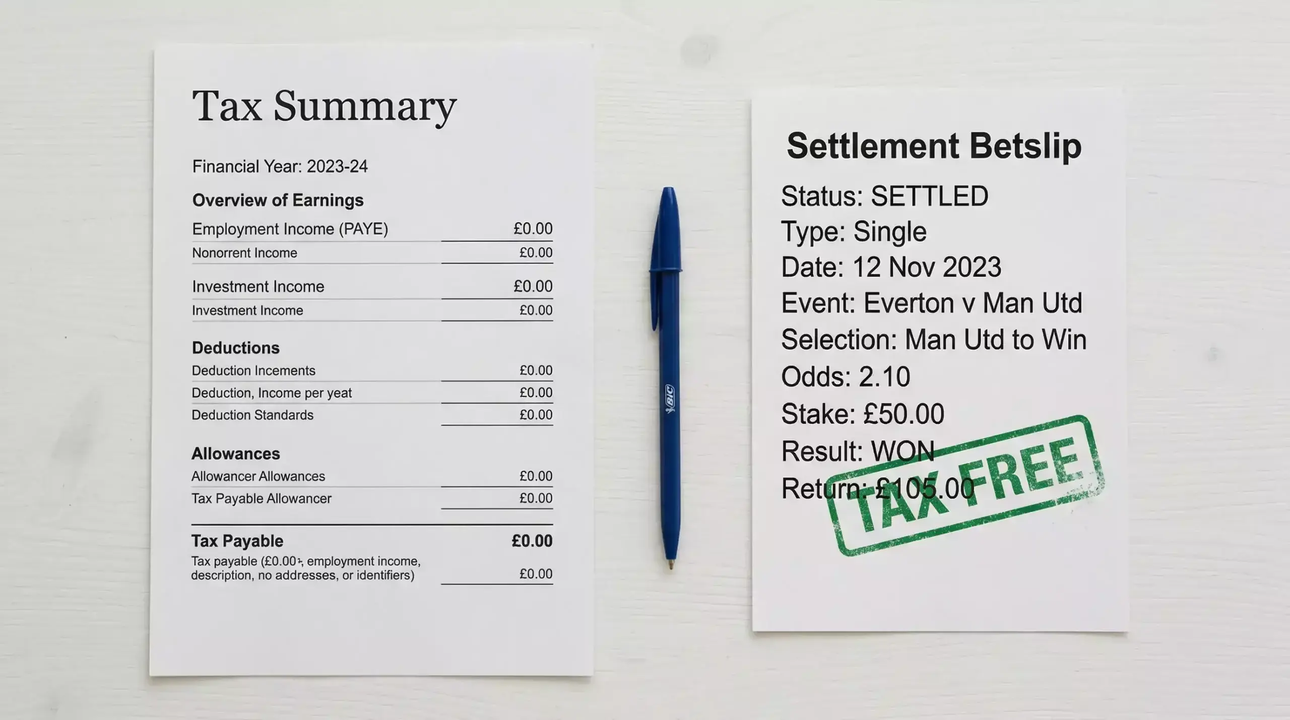 UK tax document alongside a horse racing betslip illustrating the tax-free status of punter winnings