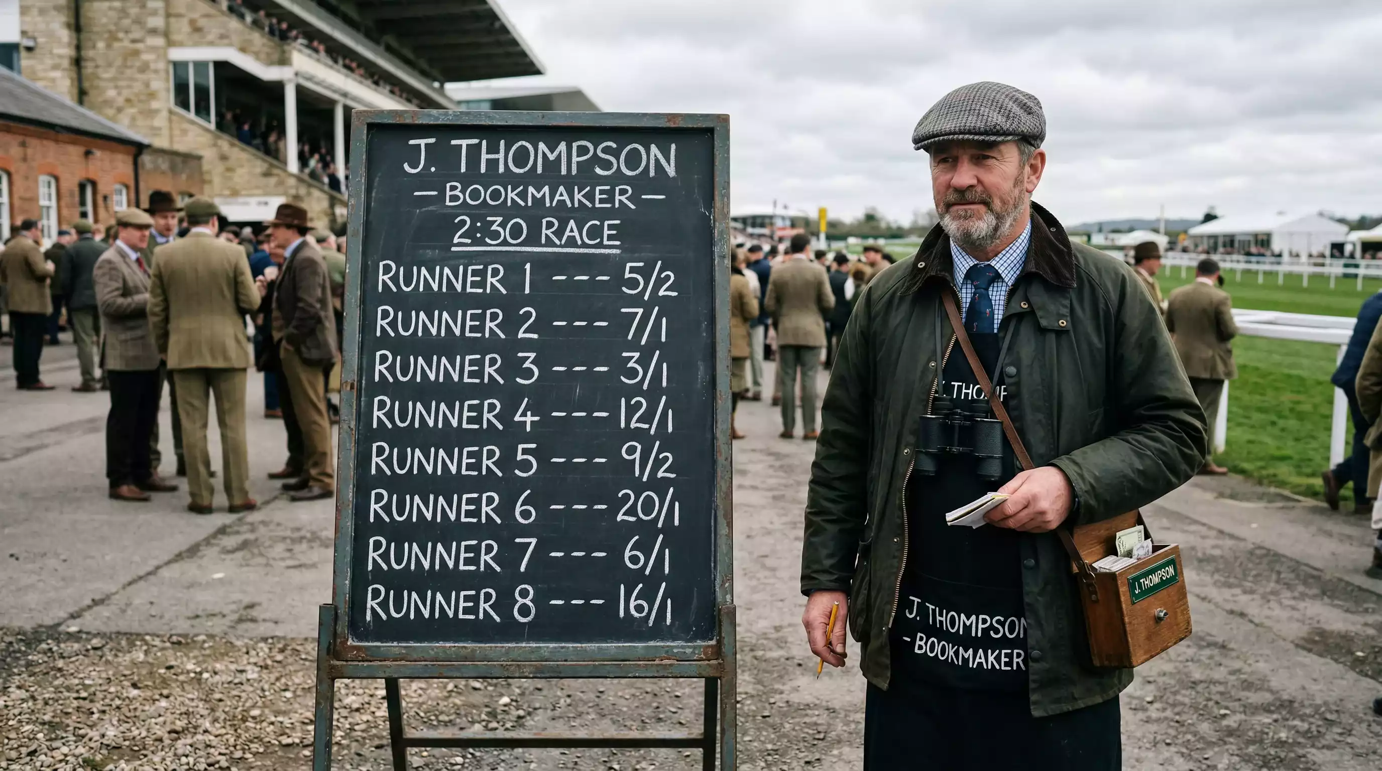 Traditional bookmaker odds board at a British racecourse showing fractional prices for runners