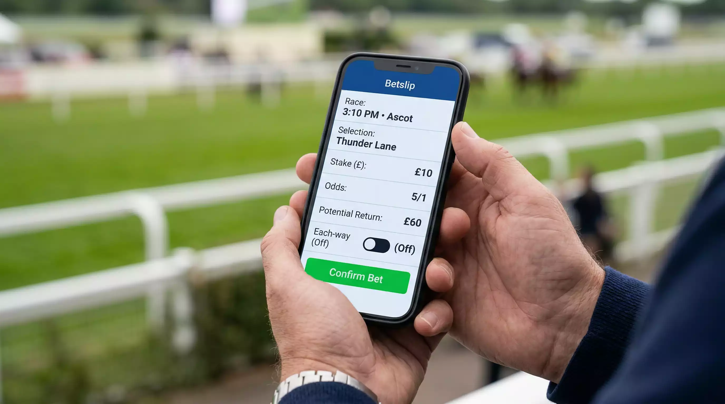 Punter holding a mobile phone with a horse racing betslip on screen at a racecourse