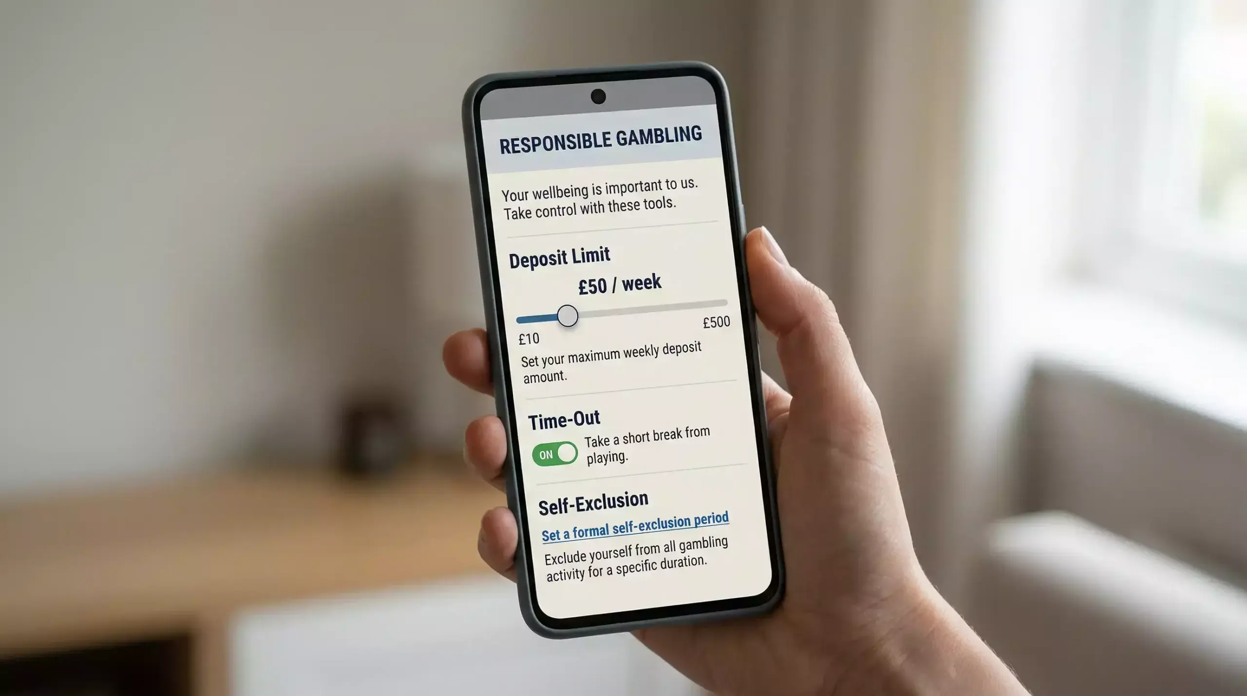 Responsible gambling tools displayed on a UK betting account including deposit limits and self-exclusion options