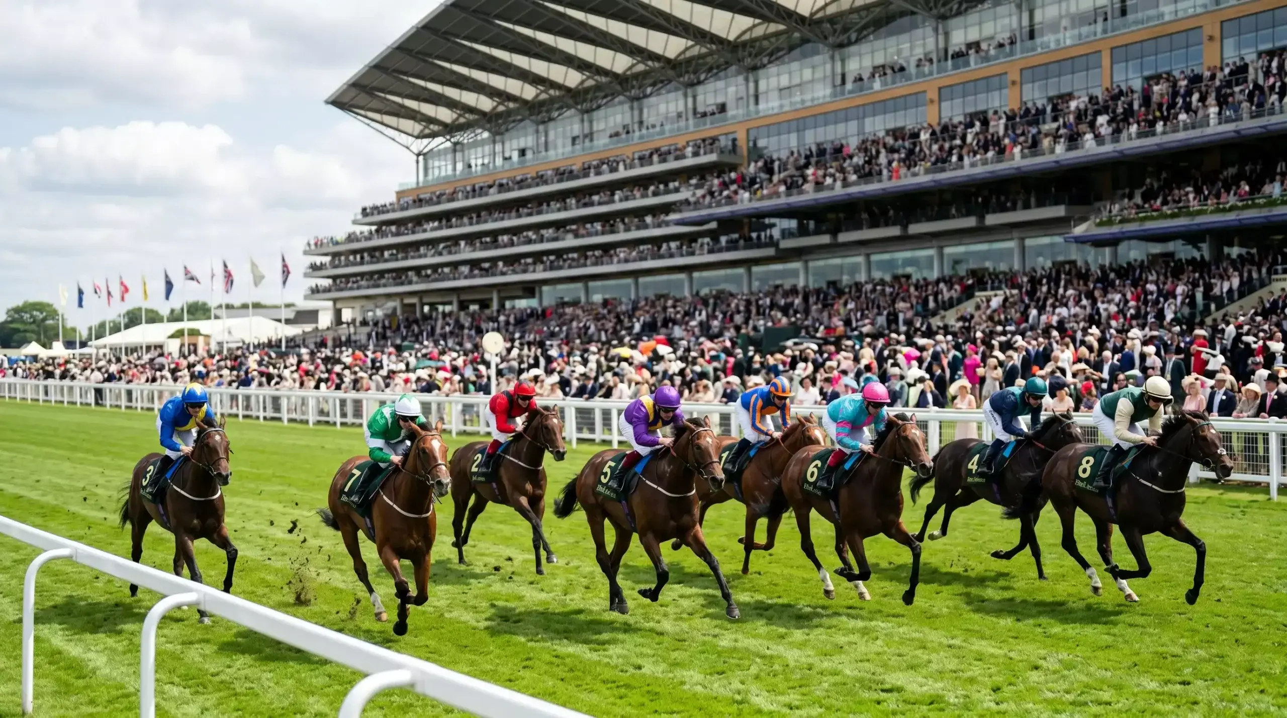 Royal Ascot racecourse with runners heading into the straight during a Group 1 flat race