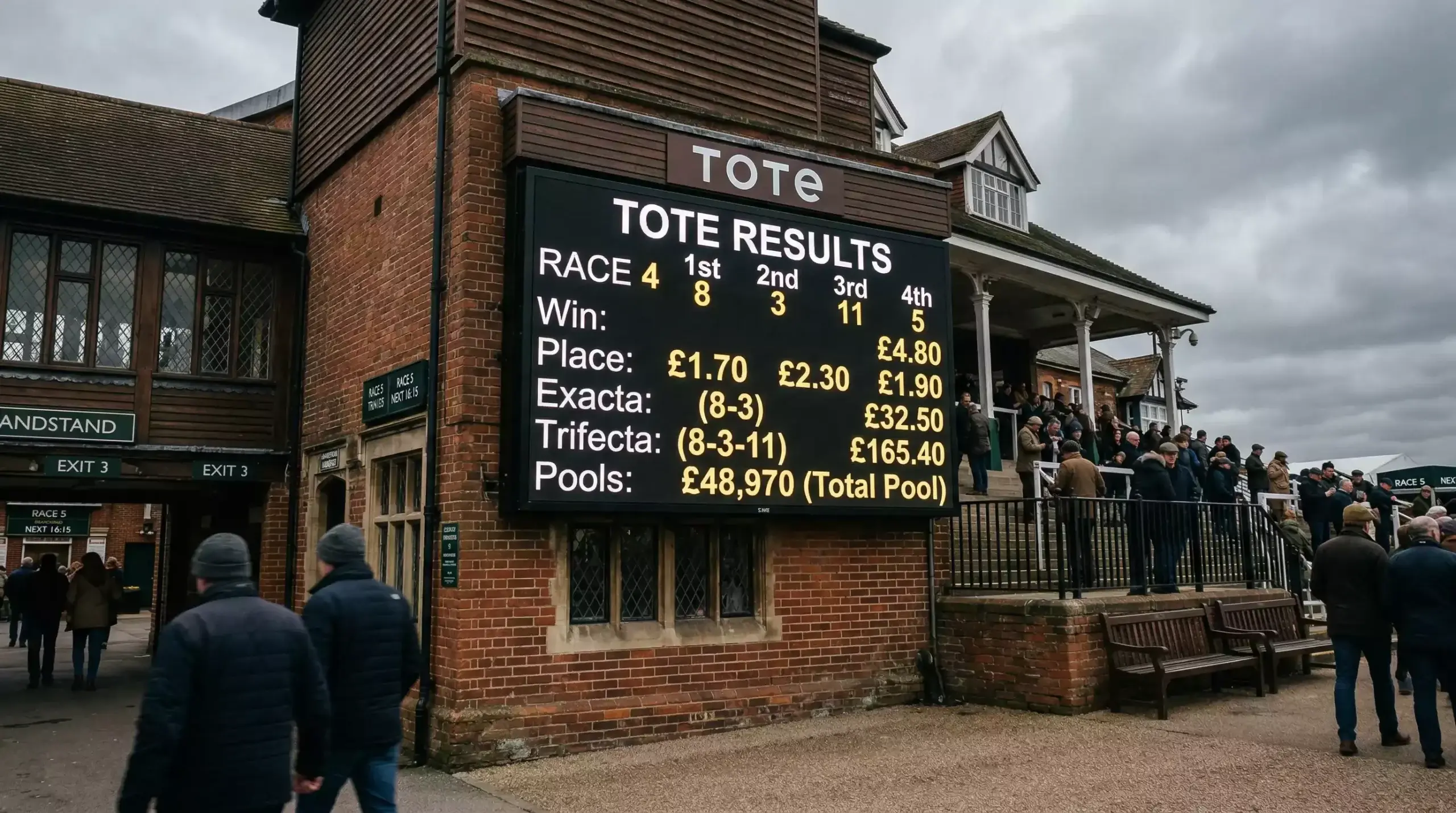 Tote board at a UK racecourse displaying pool betting dividends for horse racing
