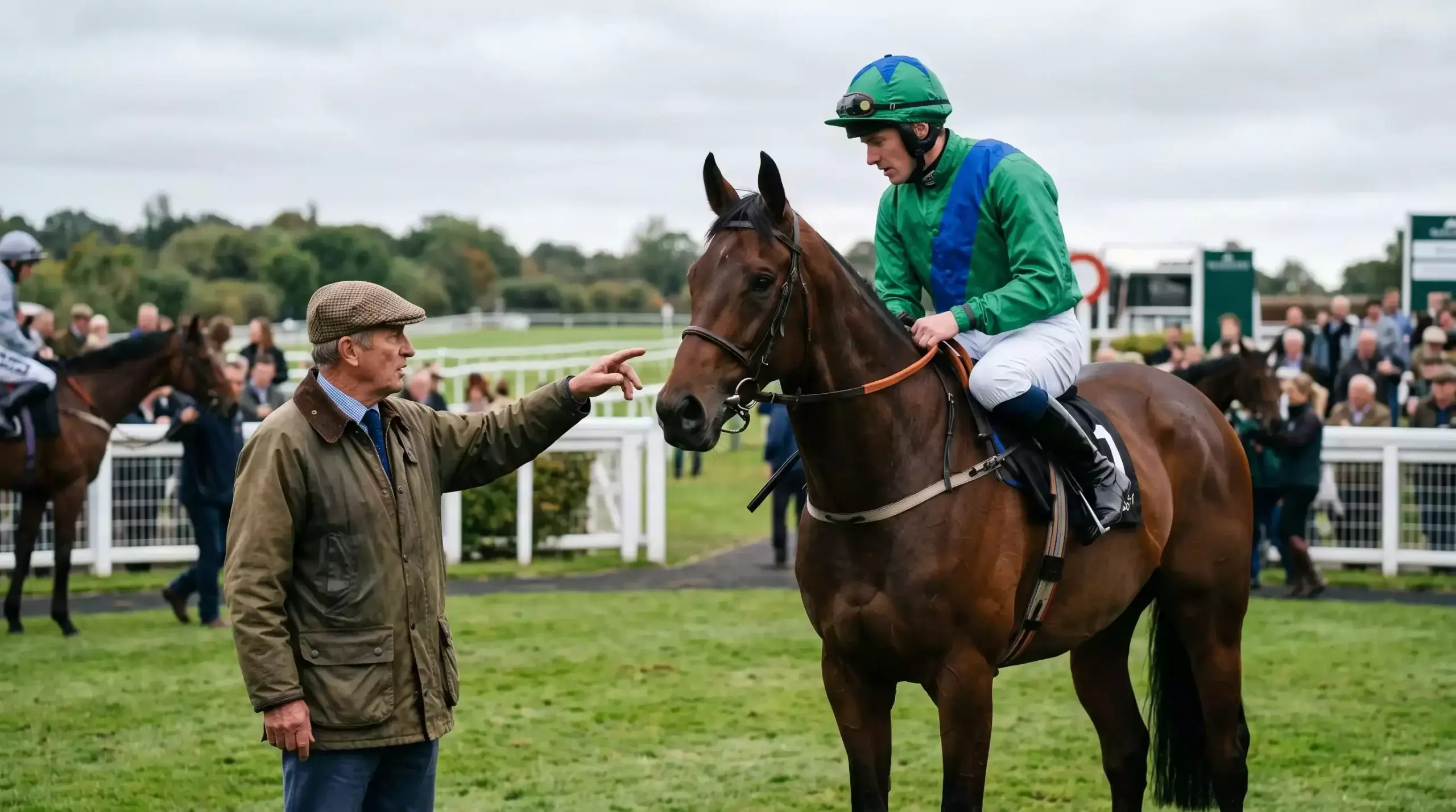 Trainer giving instructions to a jockey before a UK horse race with statistics overlay