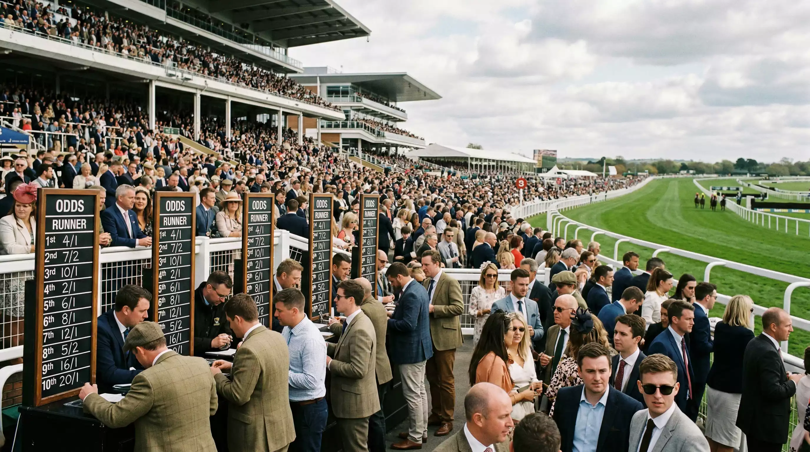 Crowded grandstand at a UK racecourse on a busy race day with bookmaker boards visible