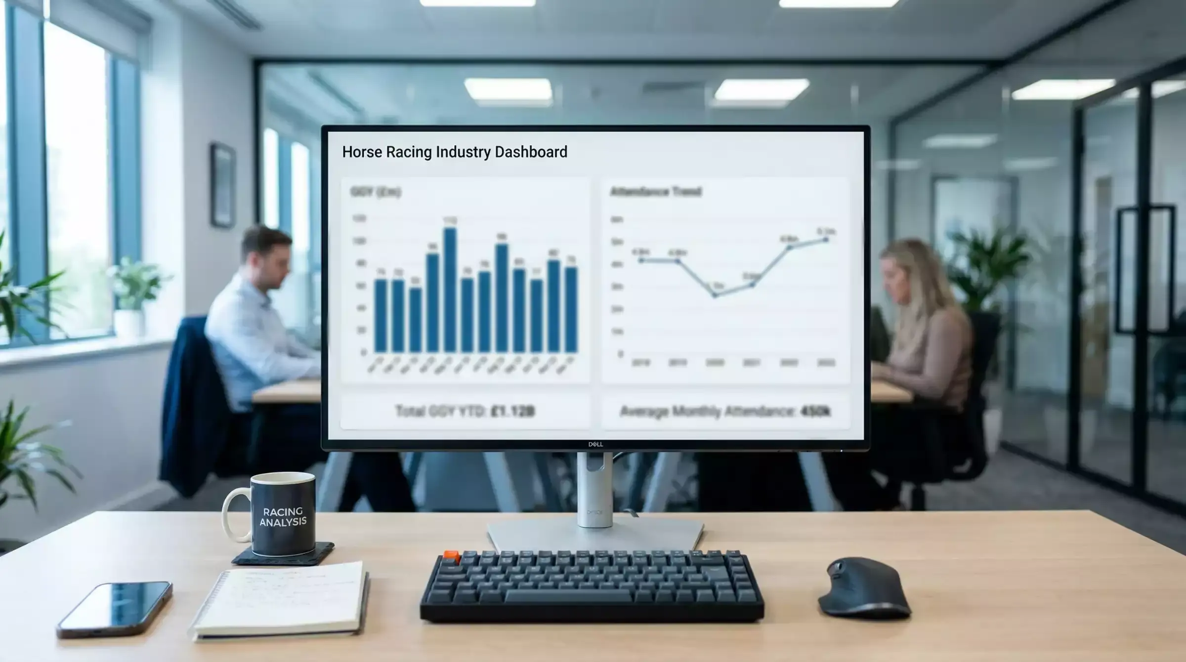 Data dashboard displaying UK horse racing industry statistics for GGY, attendance, and turnover