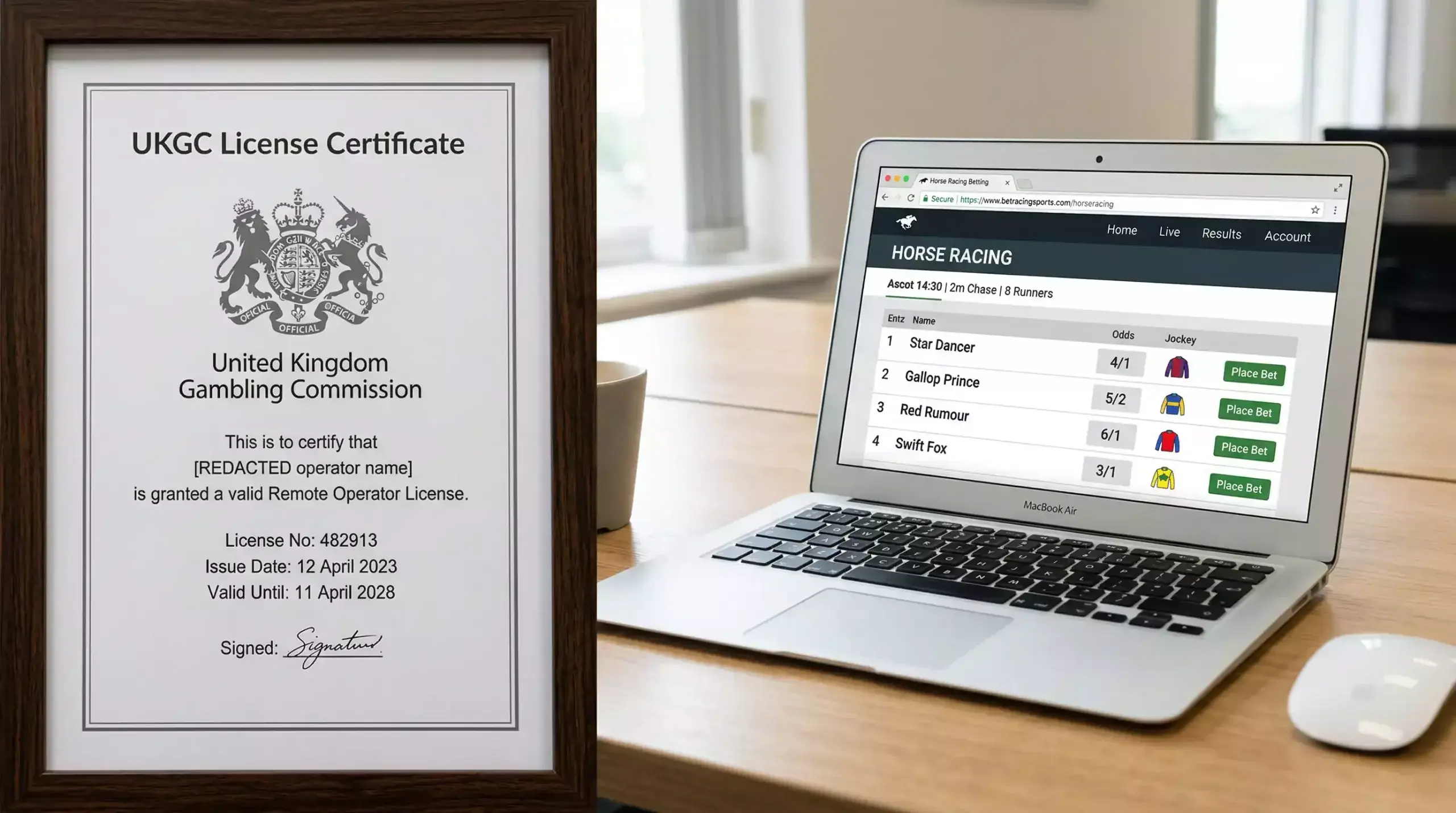 UK Gambling Commission logo alongside a secure betting site interface for horse racing