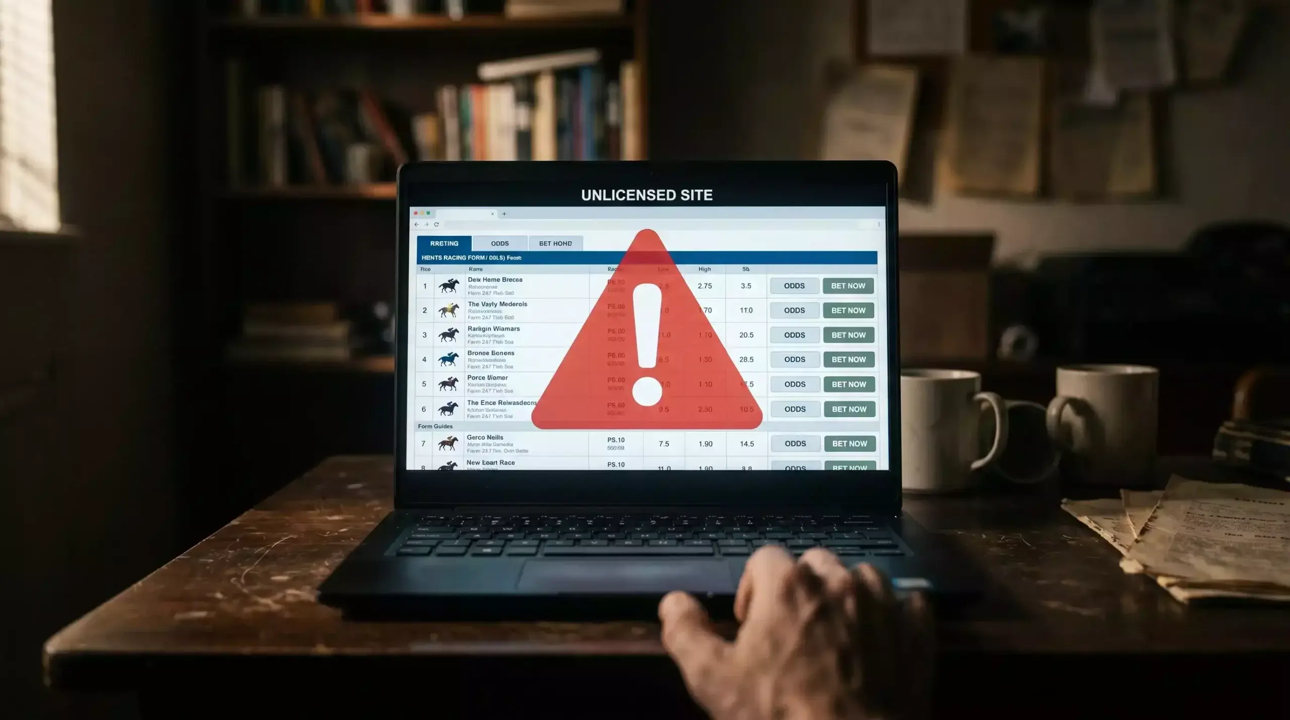 Warning sign overlay on an offshore betting website illustrating unlicensed gambling risks for UK punters